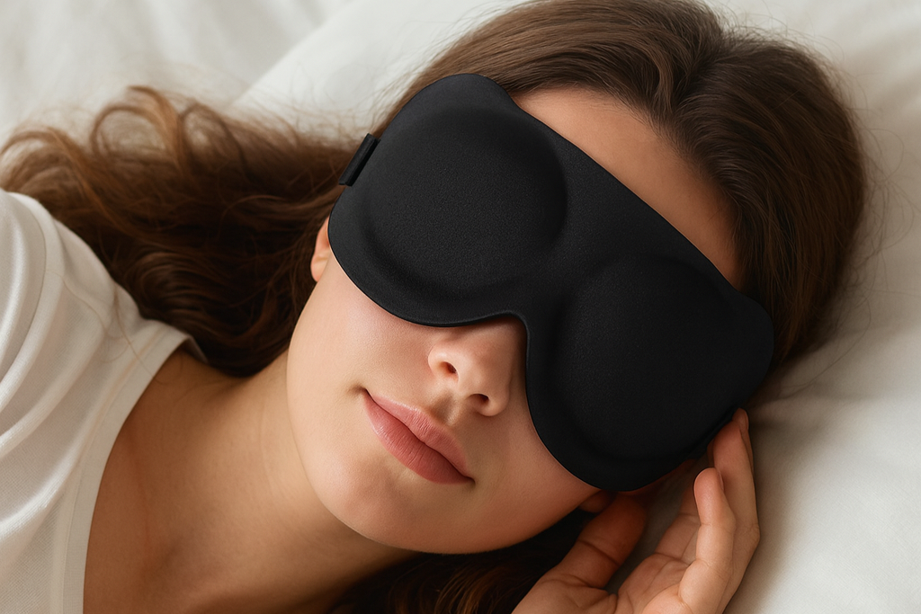 Woman wearing a black sleep mask on a white pillow